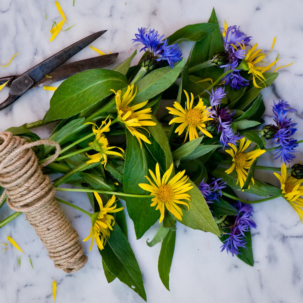 Букет васильков с желтыми цветами на столе с веревкой и ножницами