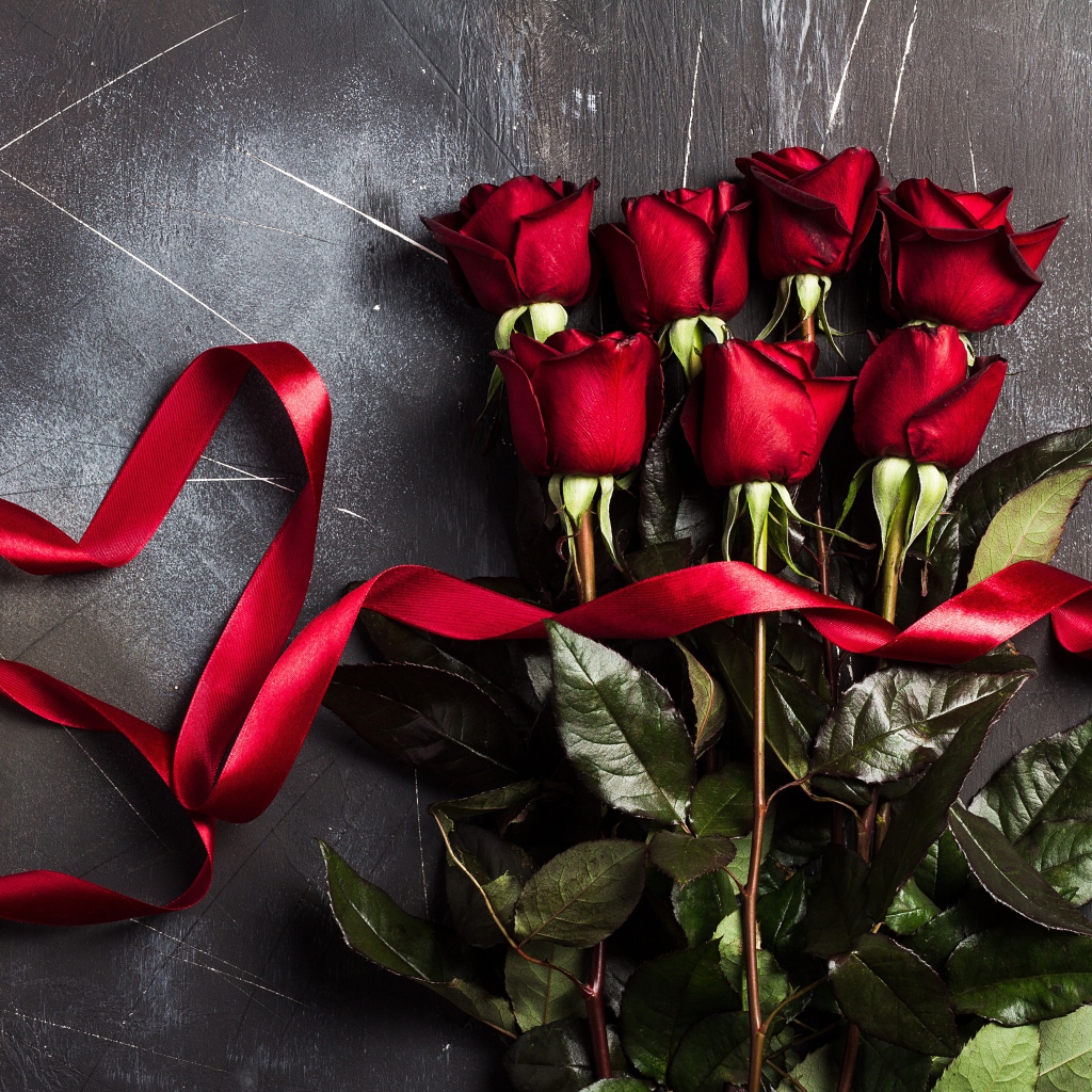 Букет красивых английских роз с красной лентой на сером фоне