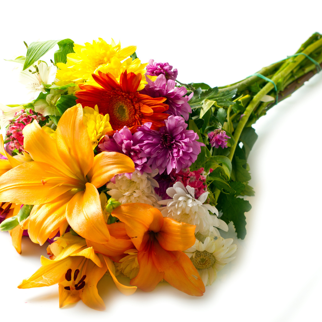 Букет из цветов лилии,герберы и хризантемы на белом фоне