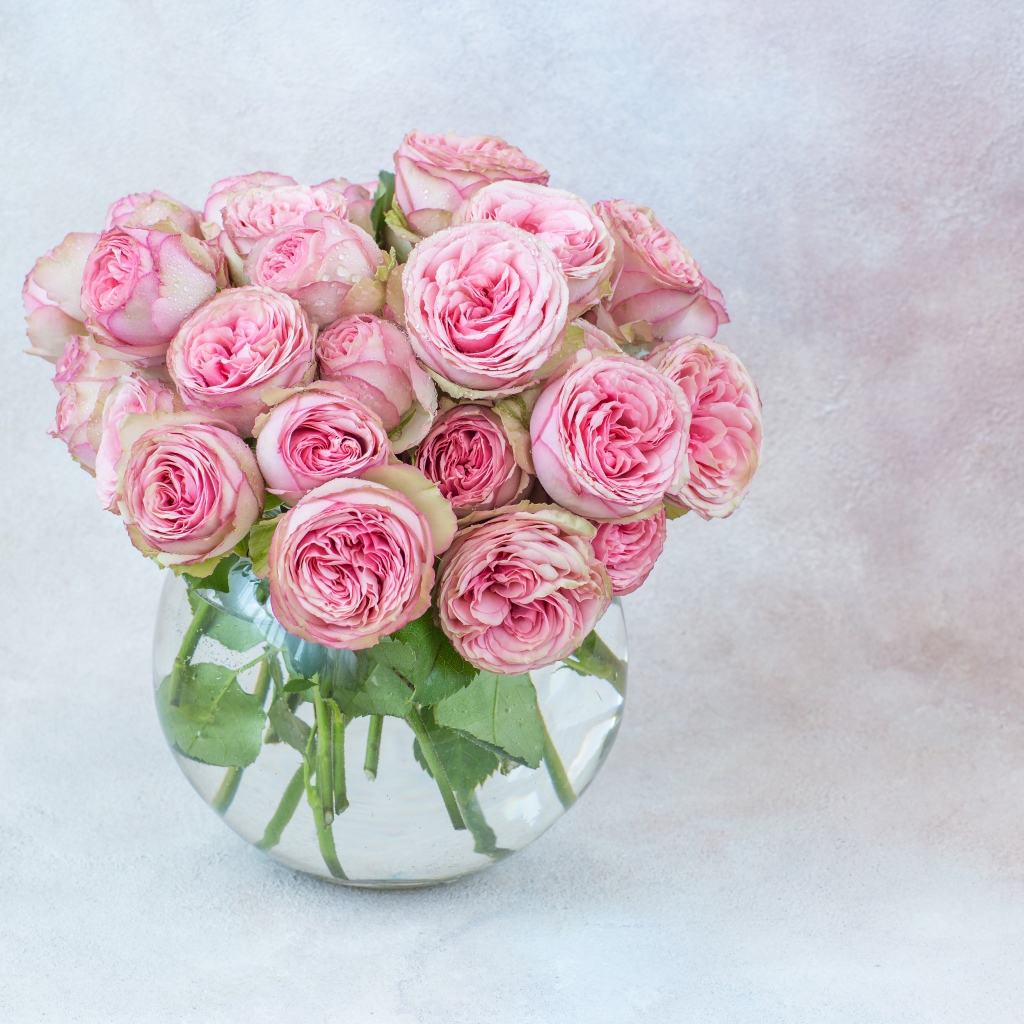 Букет розовых парковых роз в стеклянной вазе