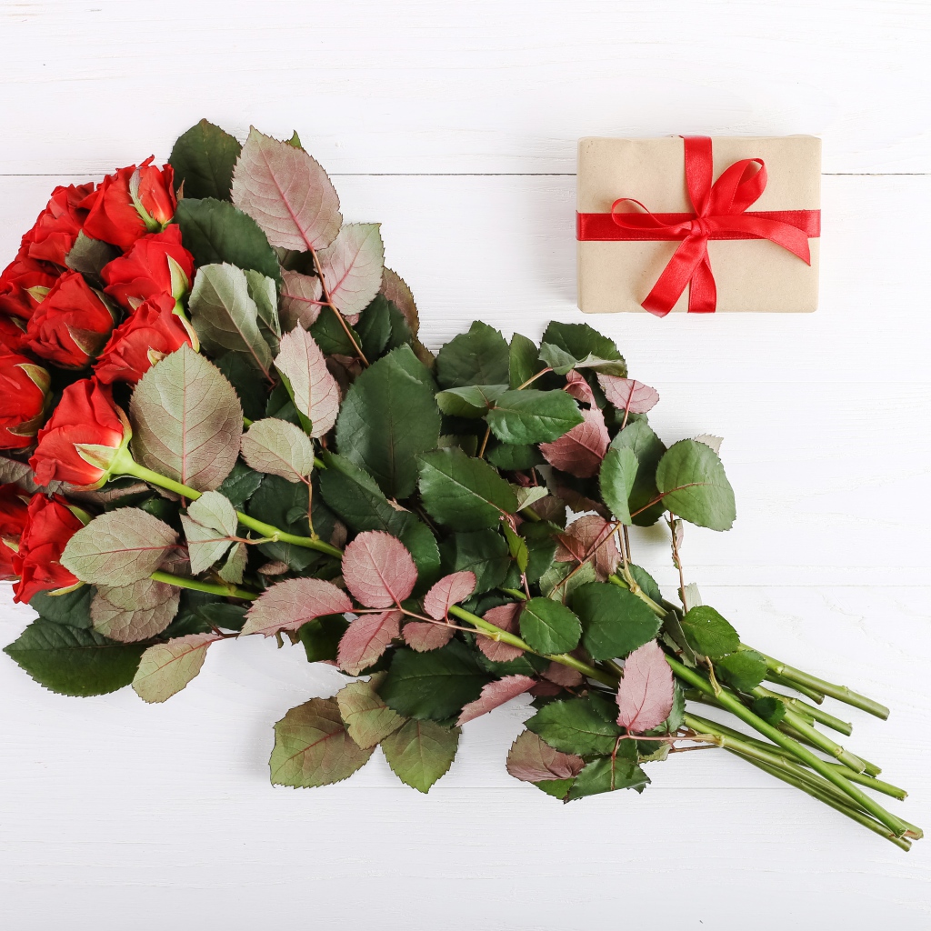Букет колючих красных роз с подарком на белом фоне