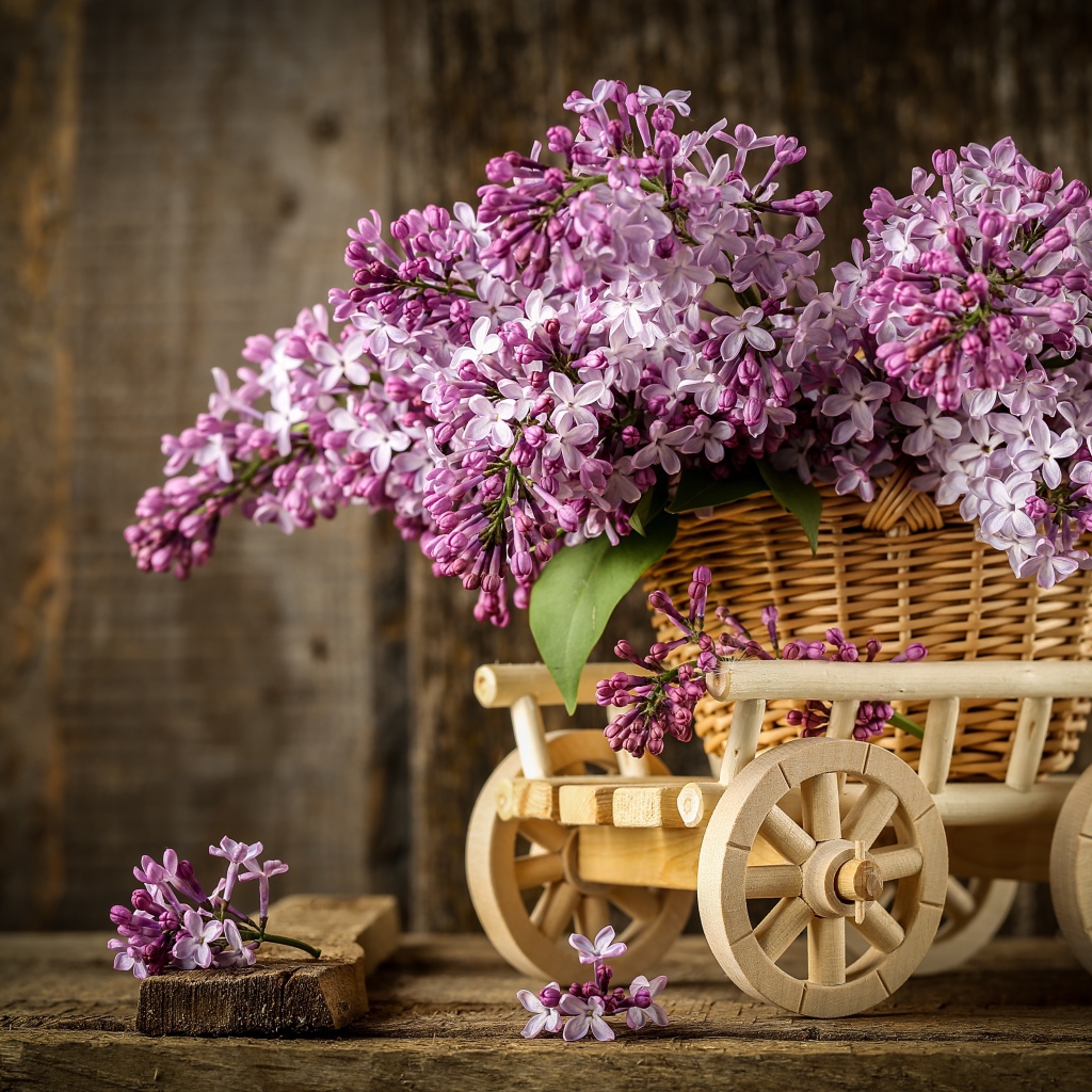 Букет весенней сирени в плетеной корзине