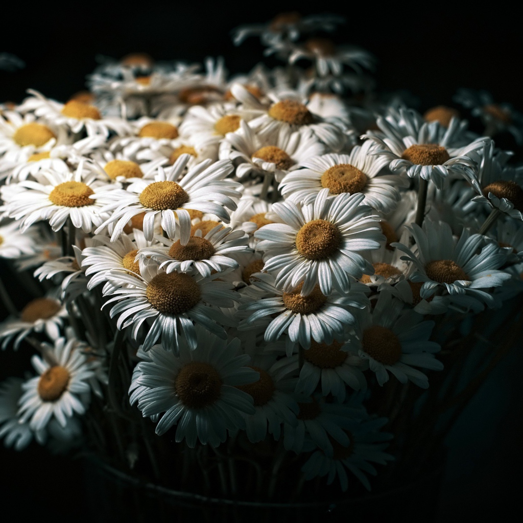 Букет белых полевых ромашек на черном фоне