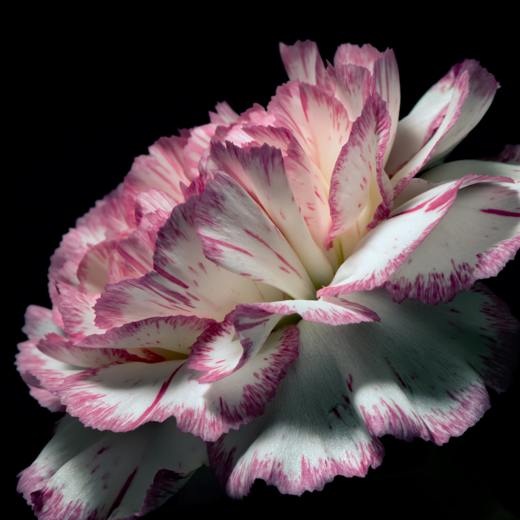 Цветок гвоздики с бело-розовыми лепестками на черном фоне