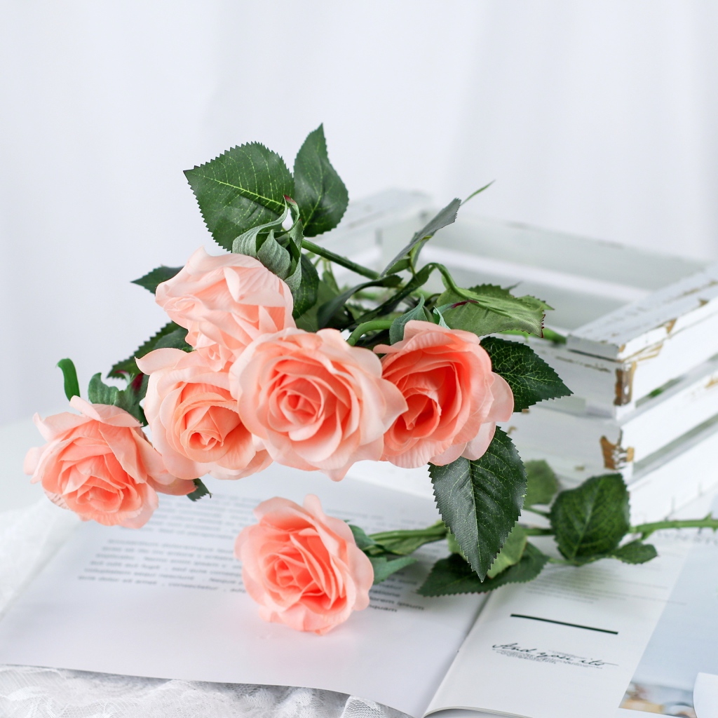 Розовые цветы лежат на столе на журнале