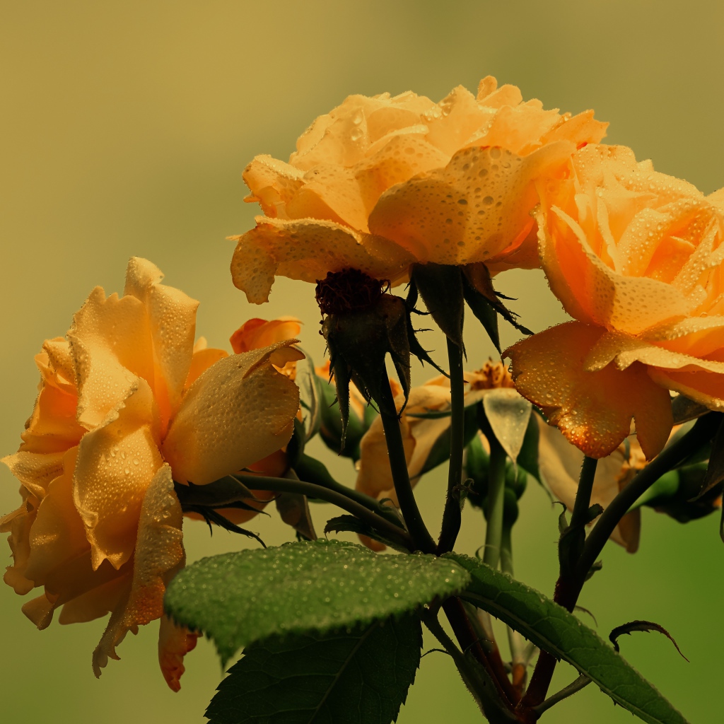 Три желтые розы в каплях дождя с зелеными листьями 