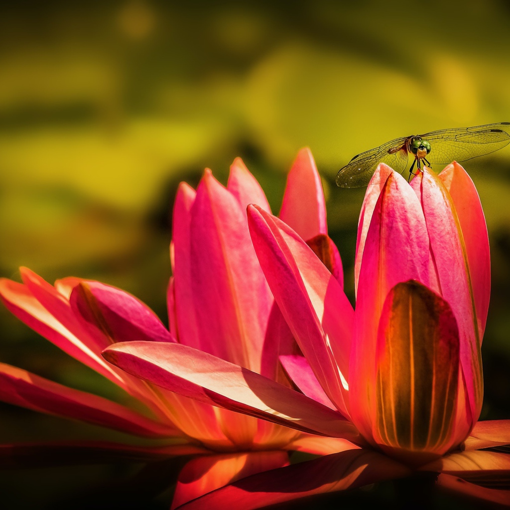 Два цветка розового лотоса со стрекозой 