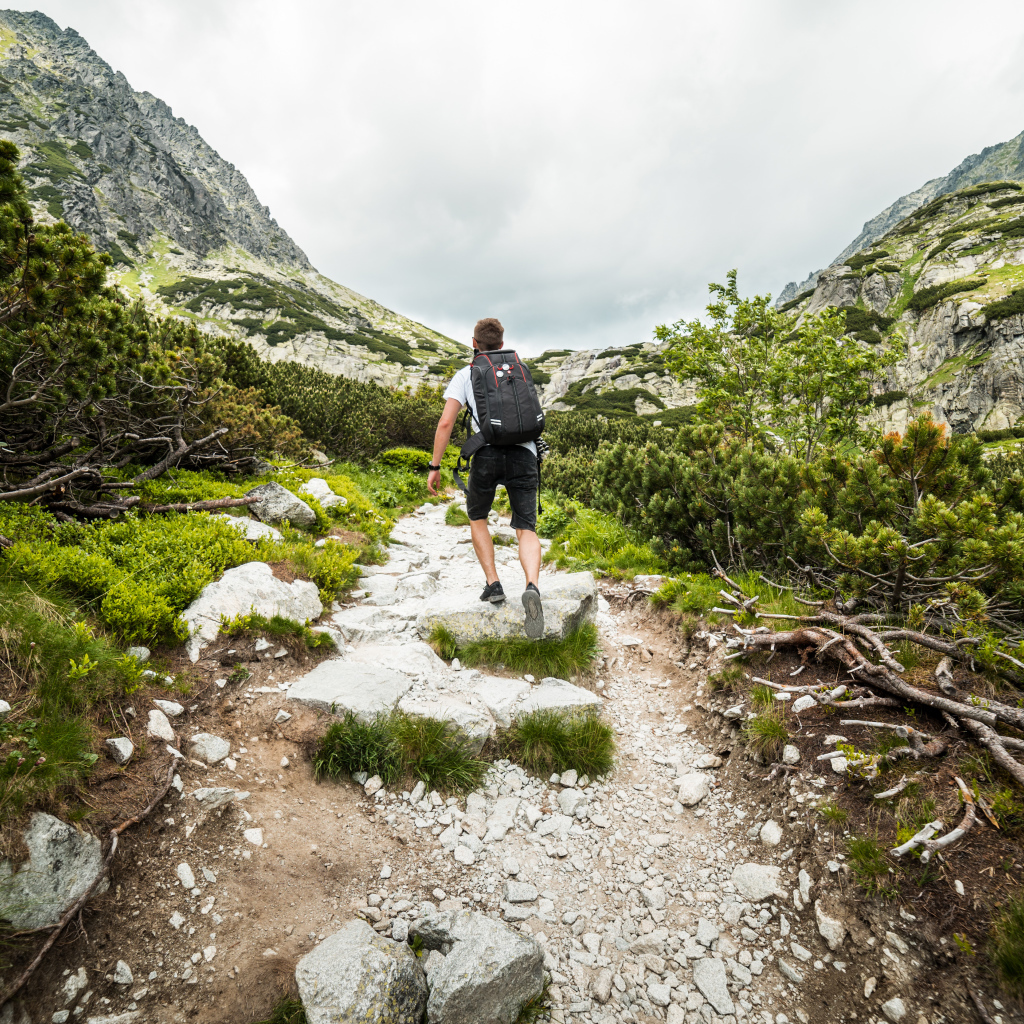 Мужчина с рюкзаком поднимается в горы 