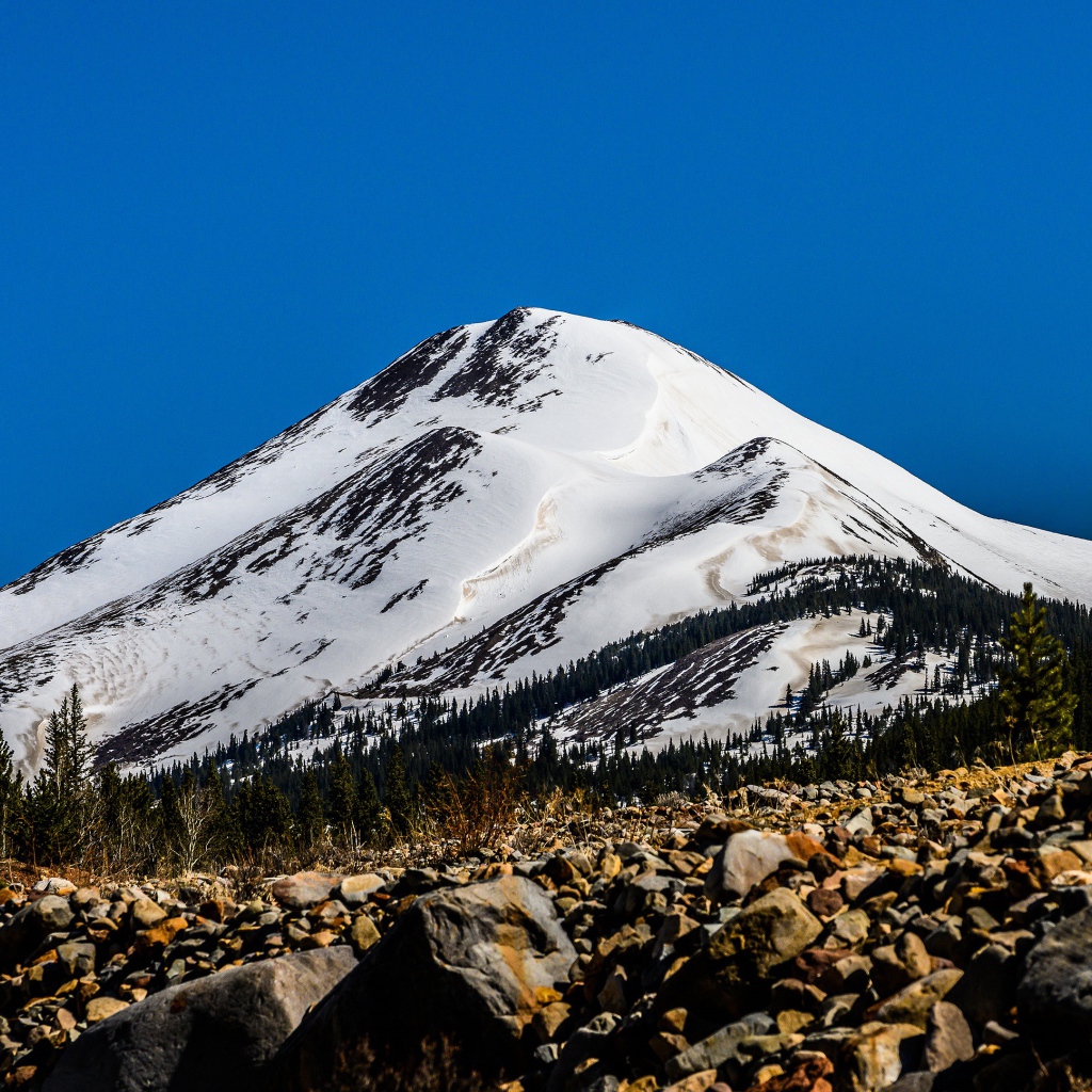 Высокая заснеженная гора под голубым небом