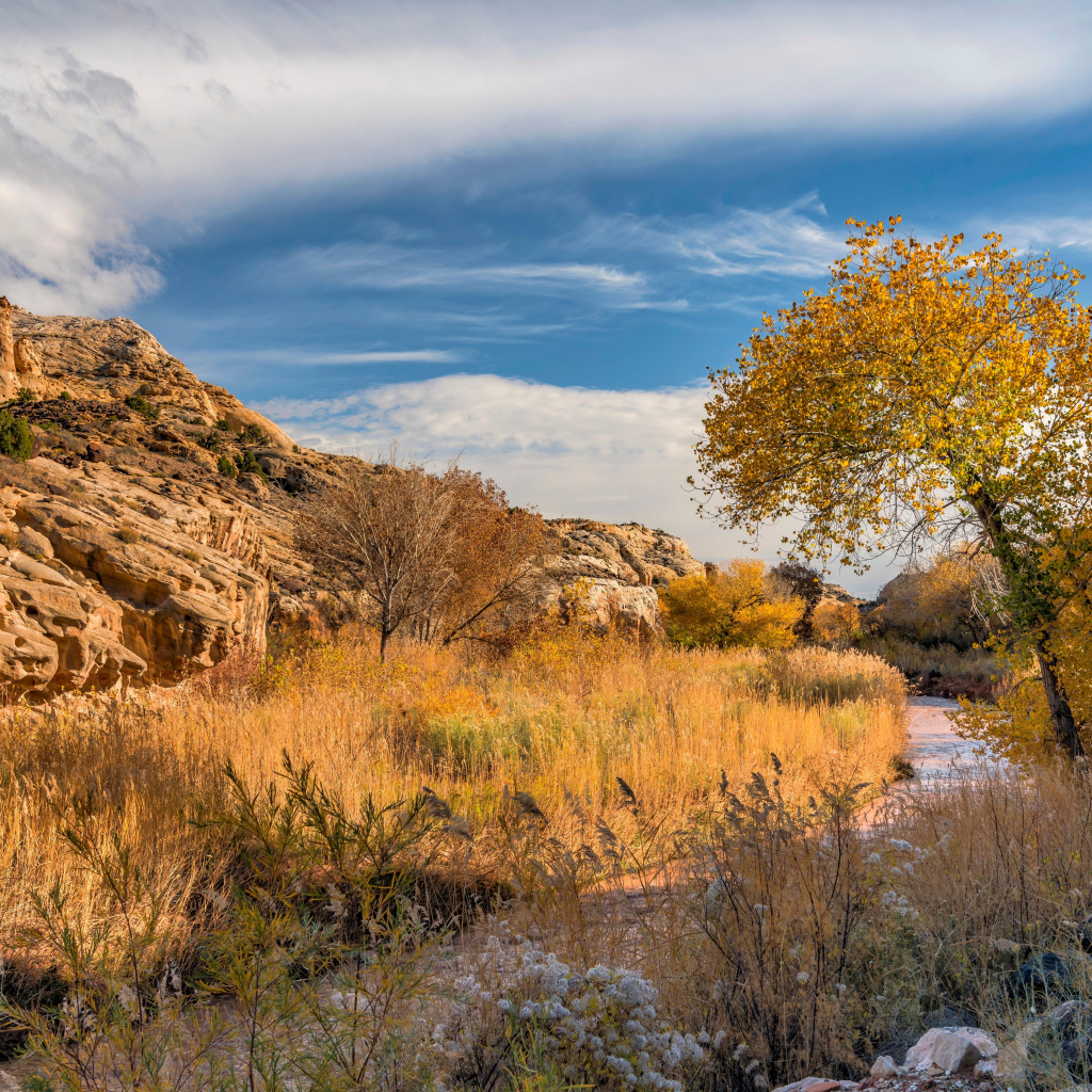 Вид на каменные горы под небом с белыми облаками осенью