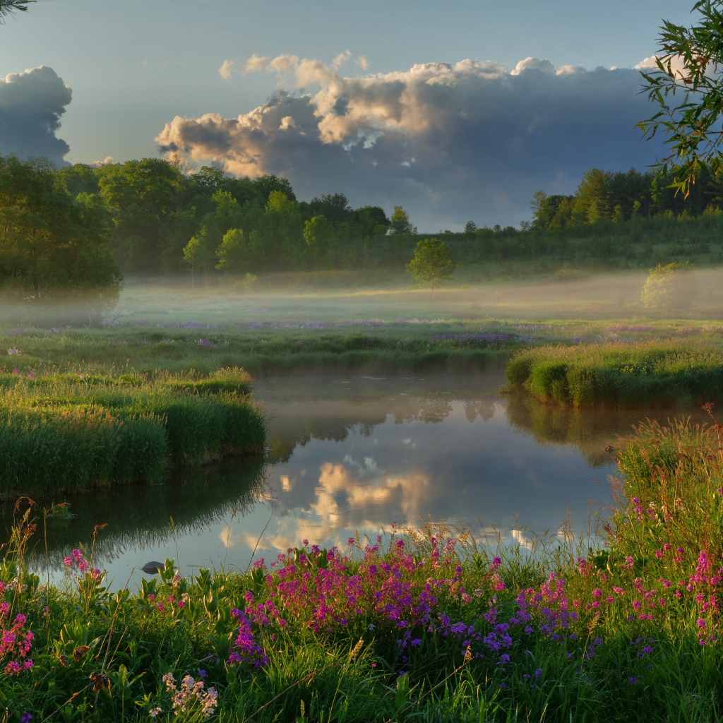 Туман над полем у реки на рассвете 
