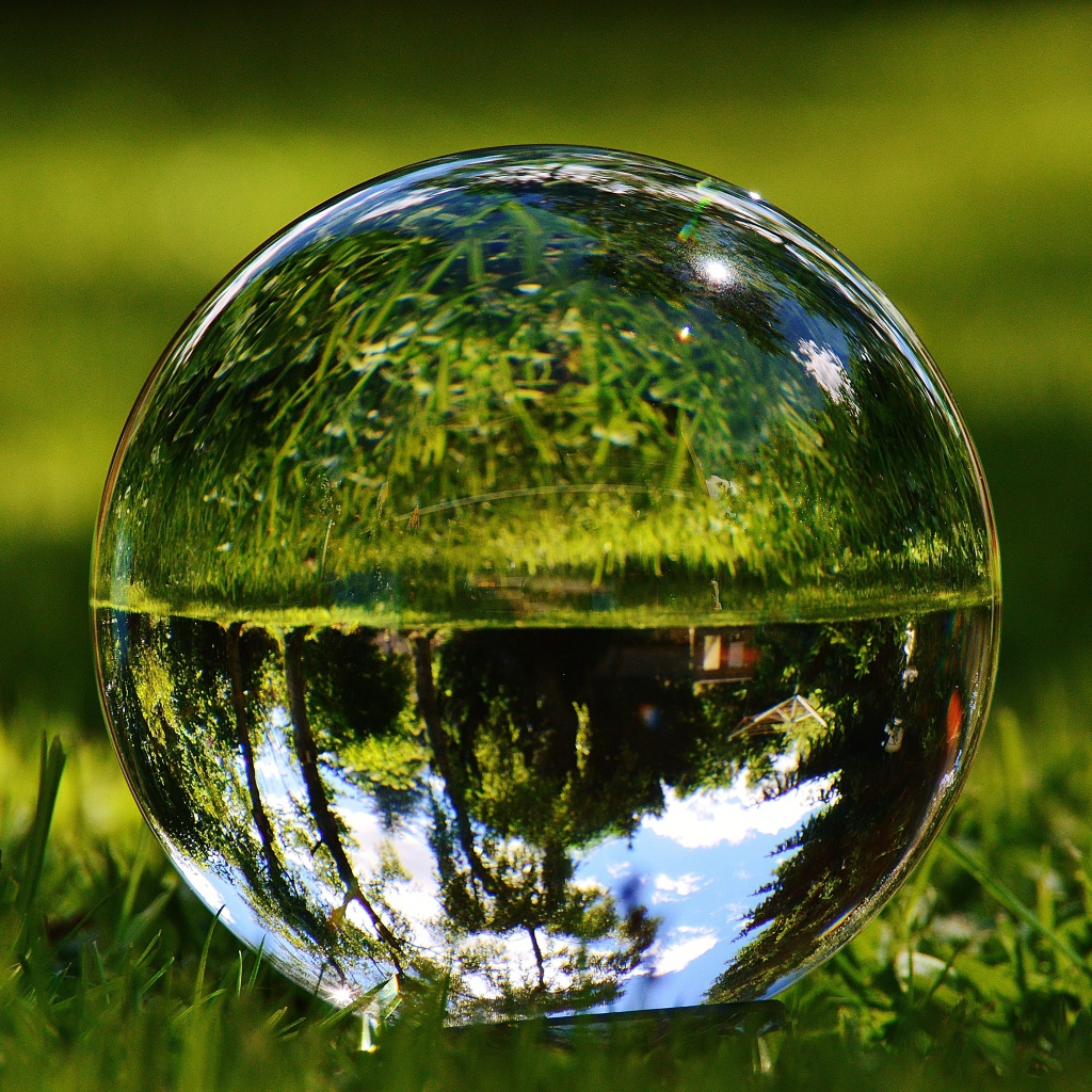 Стеклянный шар  водой на зеленой траве