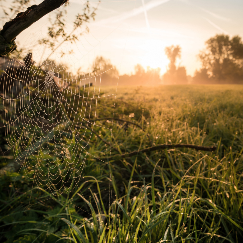 Кружевная паутина на дереве в лучах солнца