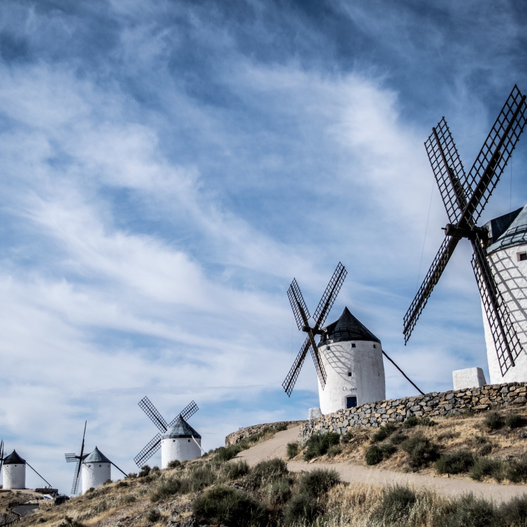 Много ветряных мельниц под голубым небом 