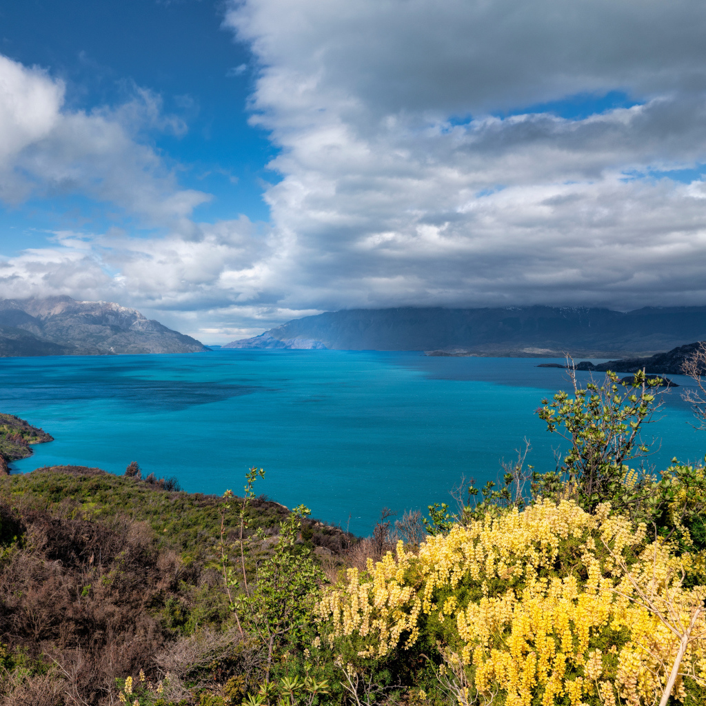 Густые белые облака над озером в горах 