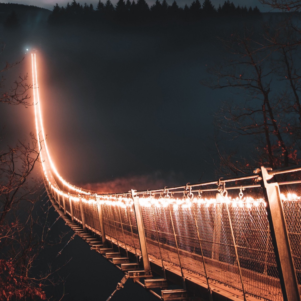 Мост с фонарями через реку в тумане ночью 