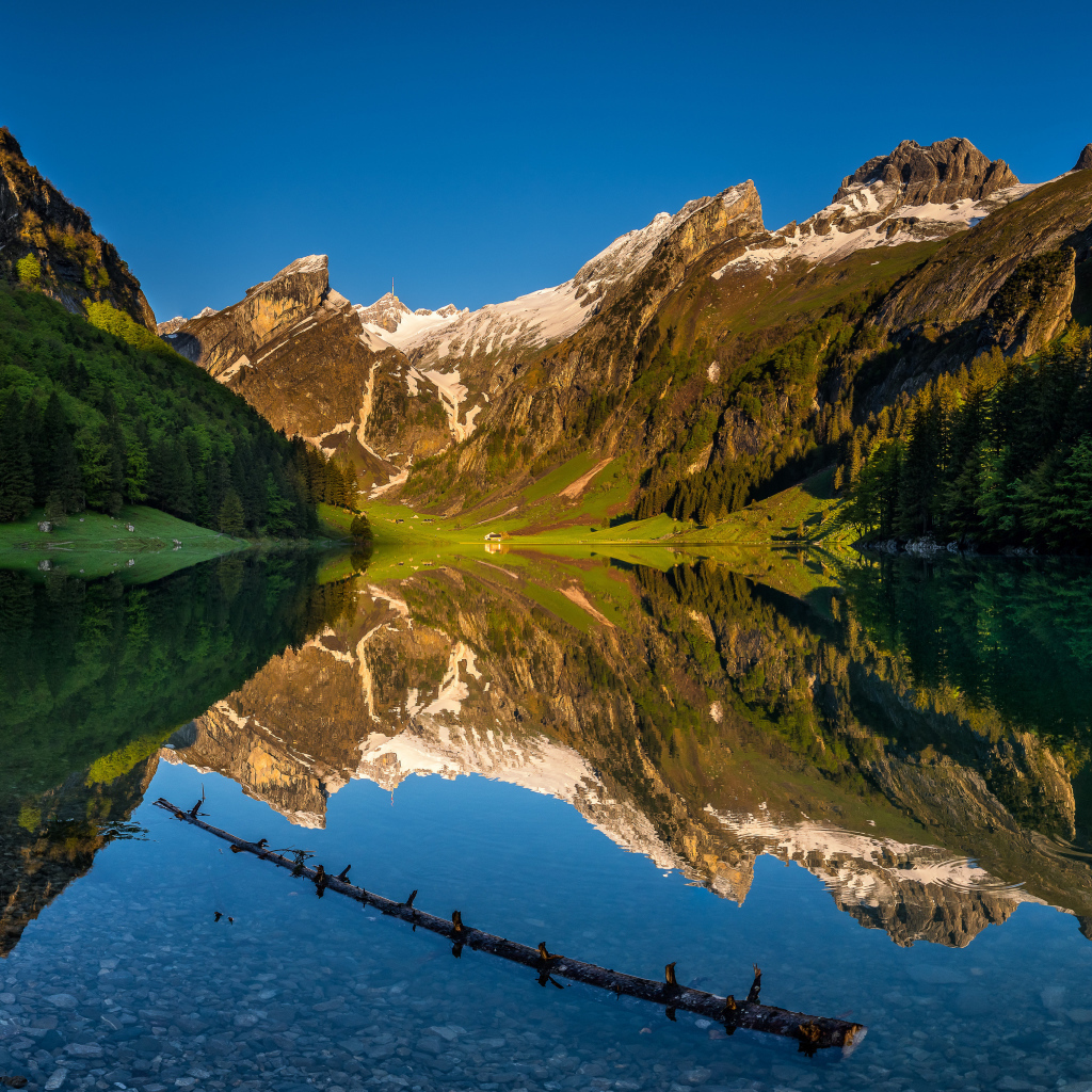 Чистая вода в озере у подножия гор, Швейцария 