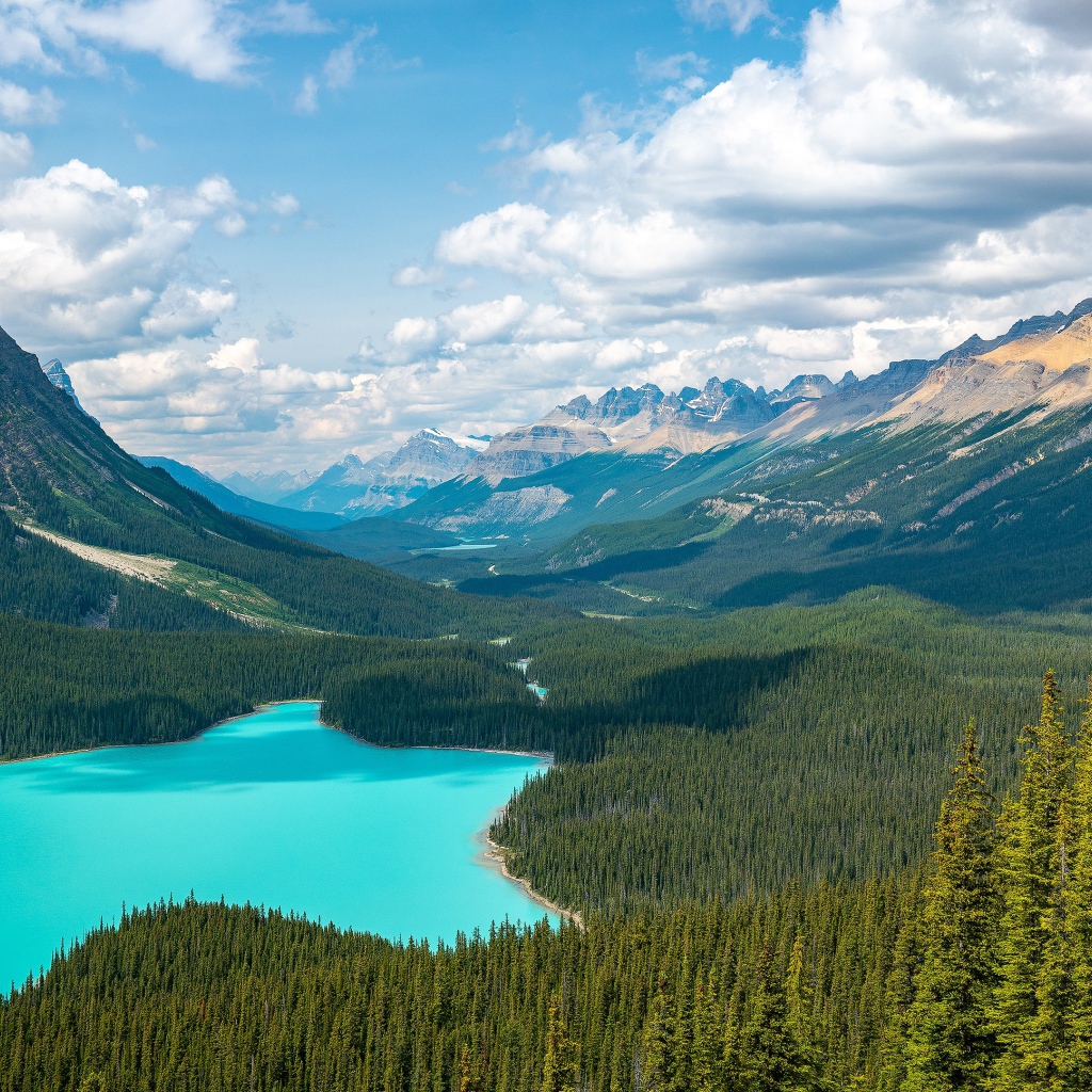Вид на красивое голубое озеро и горную долину под солнечным небом с белыми облаками