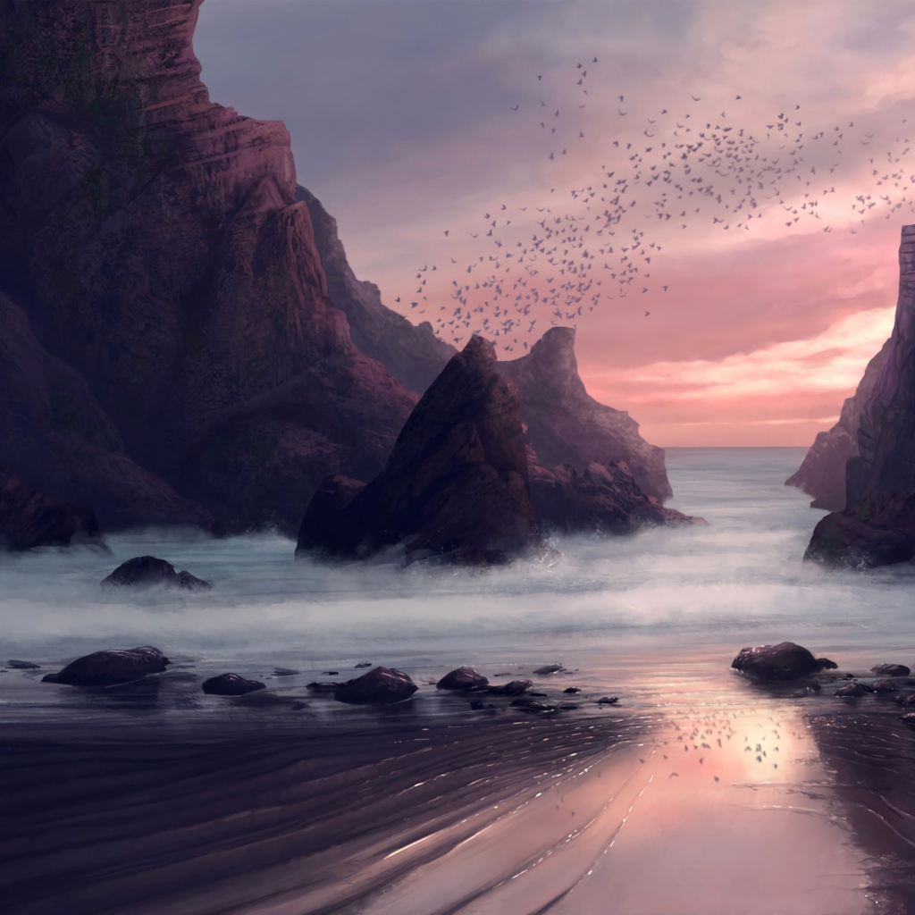 A flock of birds flies over the rocks by the sea