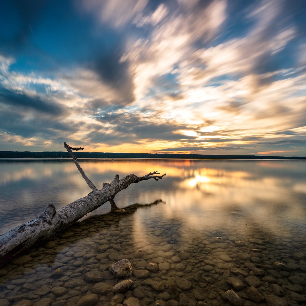 Старое дерево лежит в воде на закате солнца 