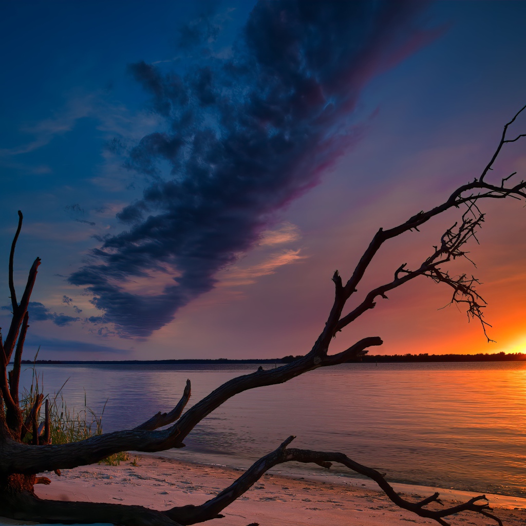 Сухое дерево на берегу озера на закате