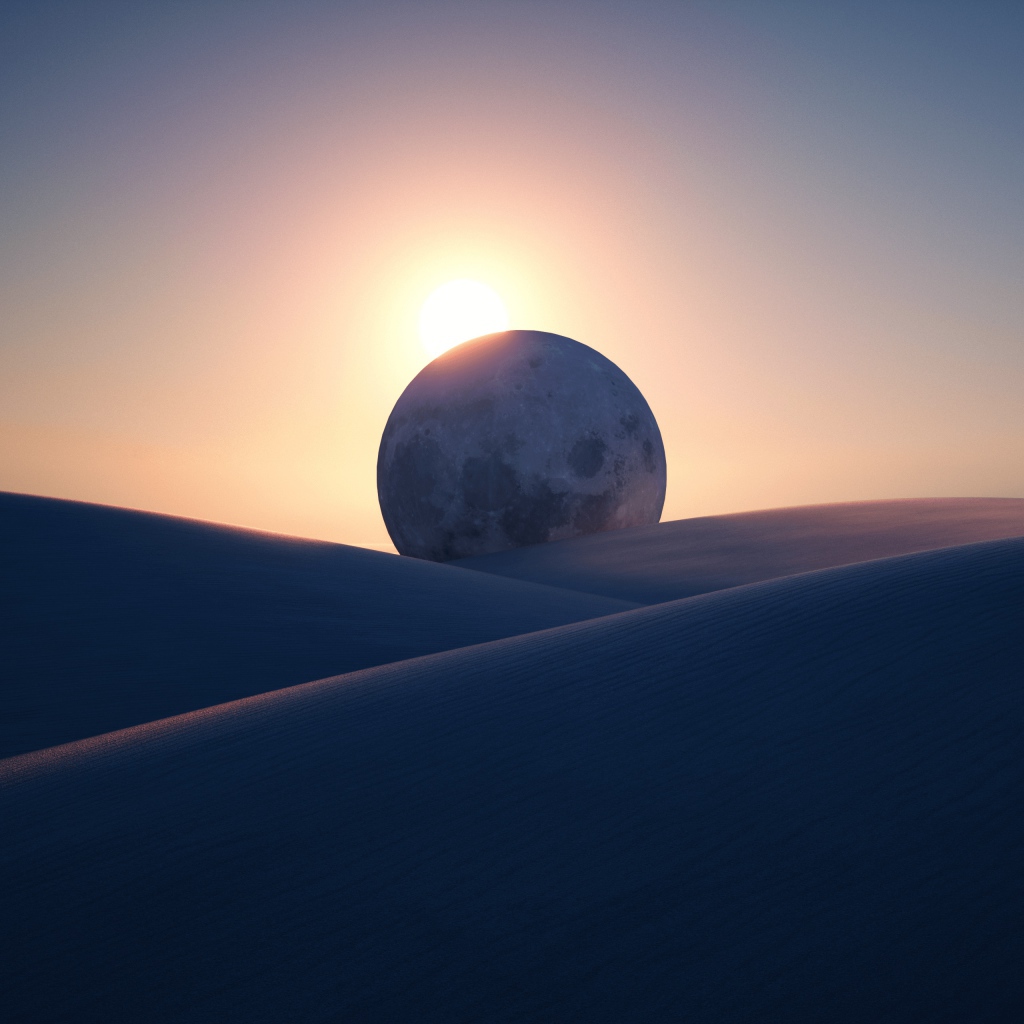 Закат солнца освещает огромную луну в пустыне 