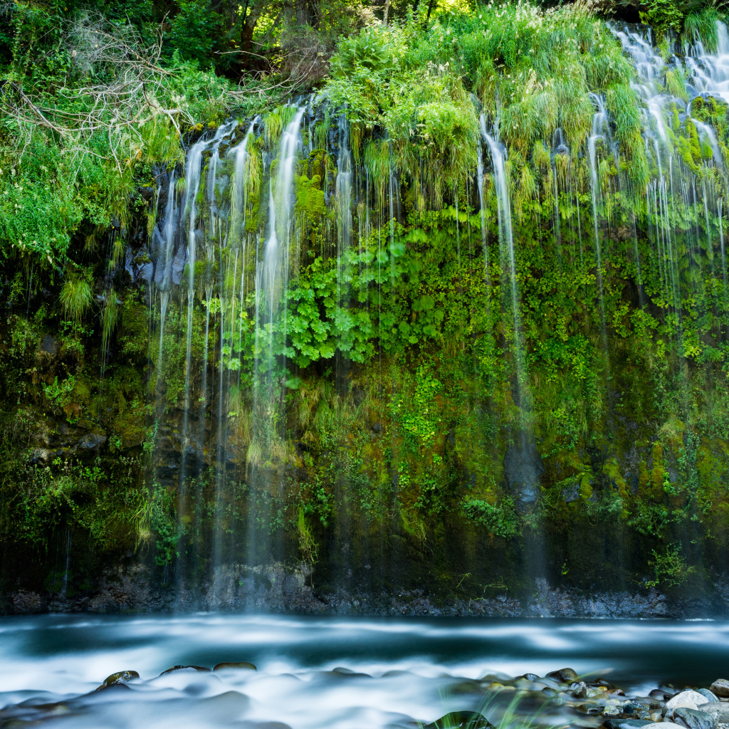Красивый водопад стекает по покрытом зеленью утесе 