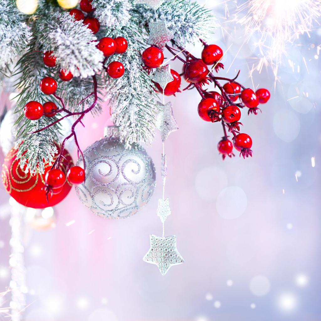 Заснеженная ветка с игрушками, фон для открытки на Новый год 