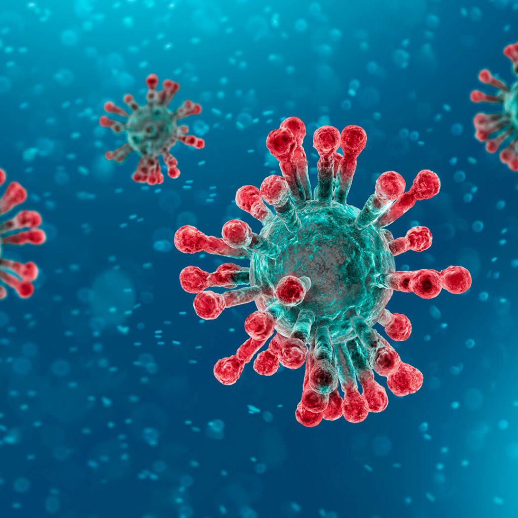 Scary bacteria coronavirus COVID-19 on a blue background