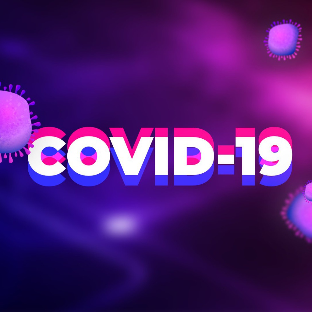 Надпись COVID-19 коронавирус на фиолетовом фоне