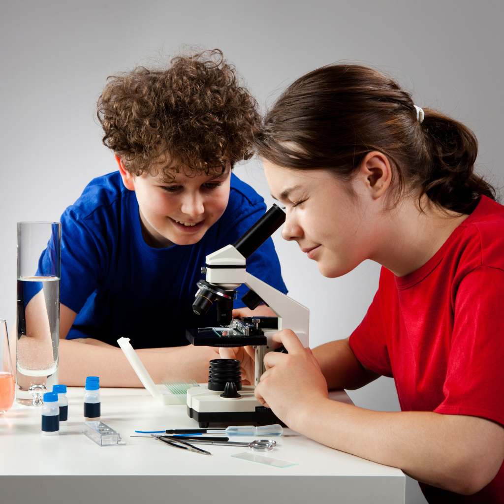 Мальчик и девочка смотрят в микроскоп 