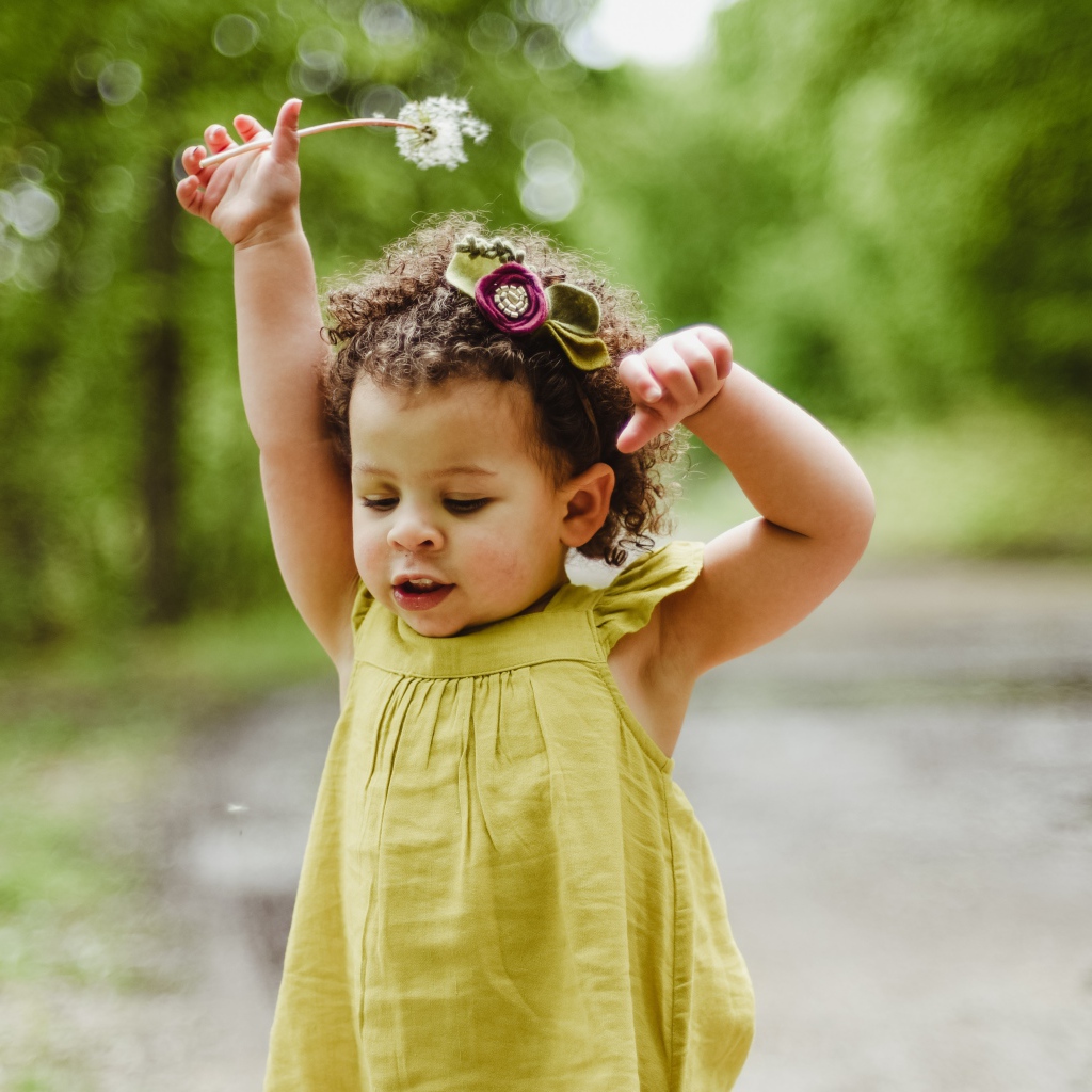Little girl in a dress with a dandelion