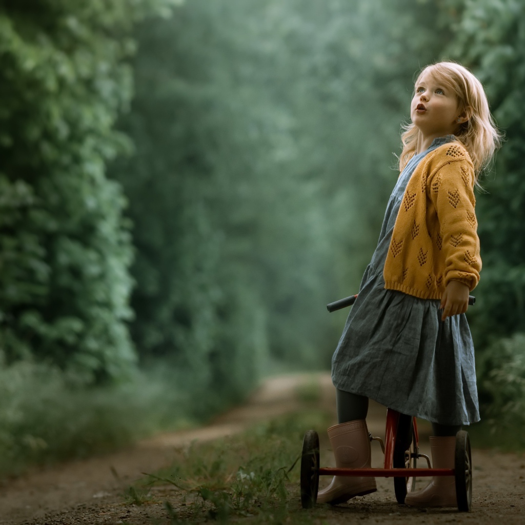 Маленькая девочка на трехколесном велосипеде 