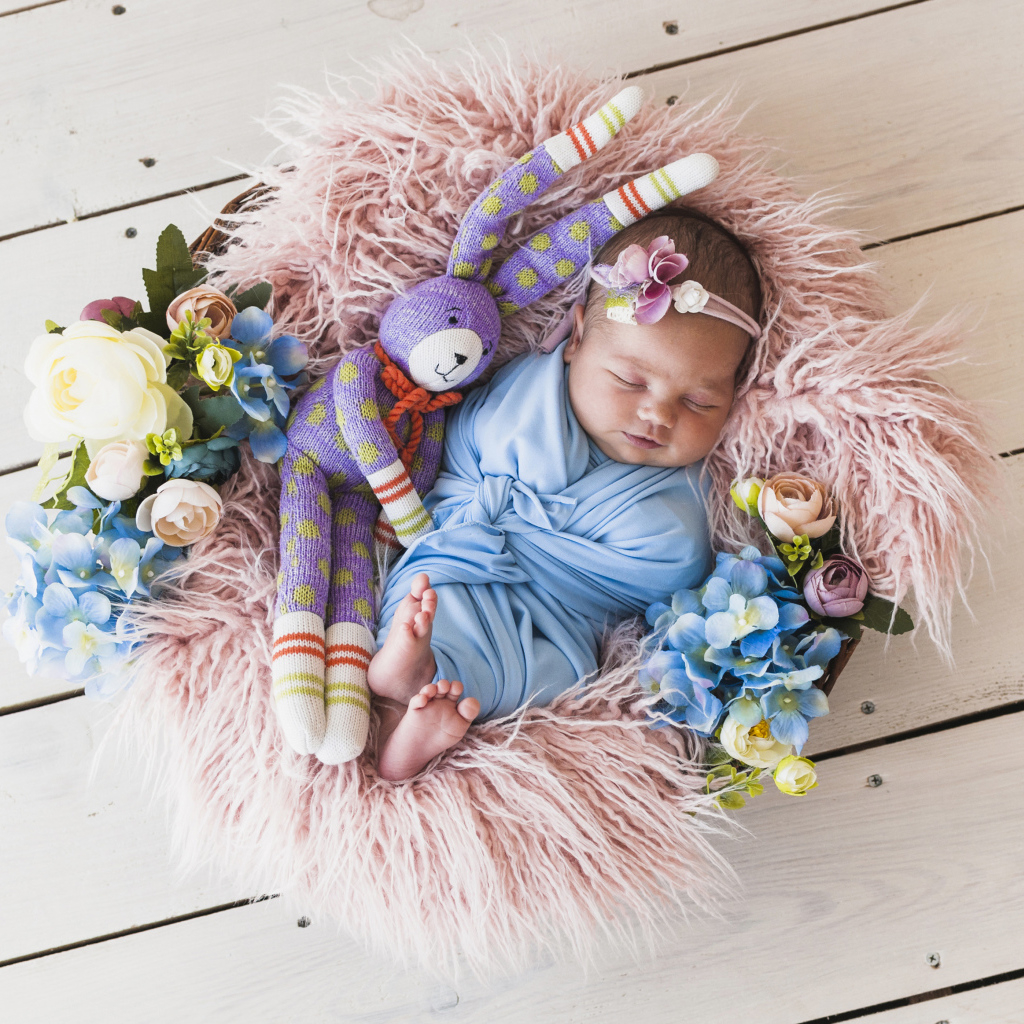 Спящий грудной ребенок с игрушкой в корзине 