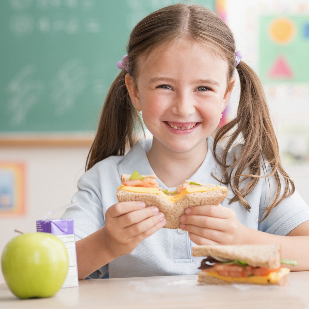 Улыбающаяся девушка школьница в столовой 