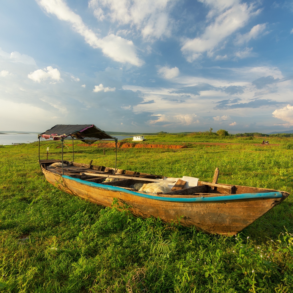 Большая деревянная лодка на зеленой траве