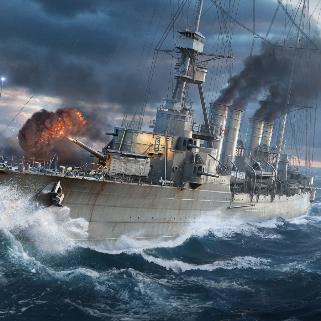 Военный линкор в море во время шторма 