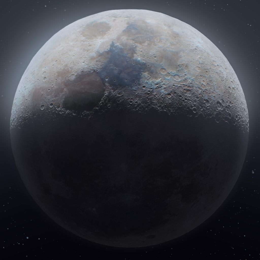 Большая холодная луна в звездном небе крупным планом