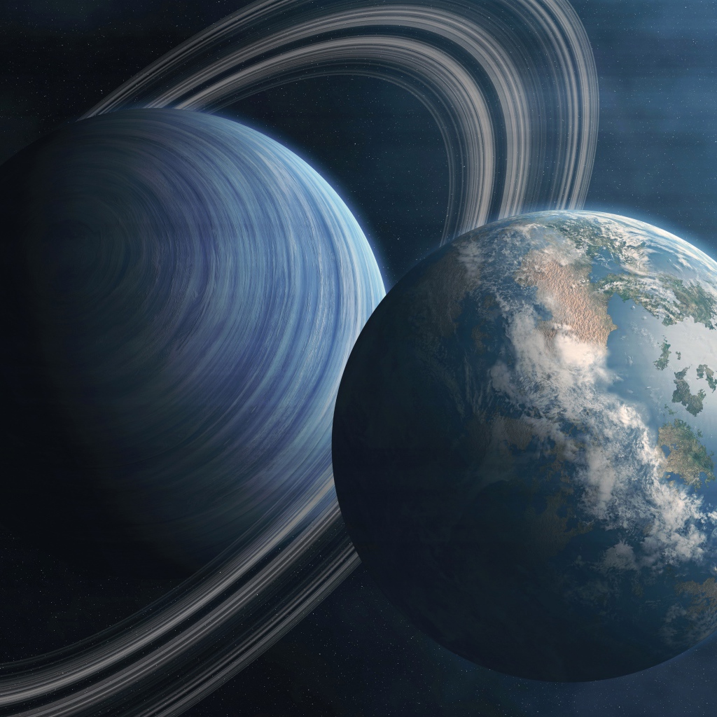 Big planet Saturn and planet Earth in space