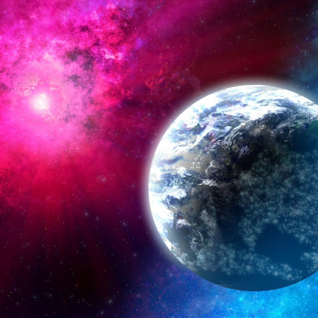 Планет земля на розовом фоне в космосе 