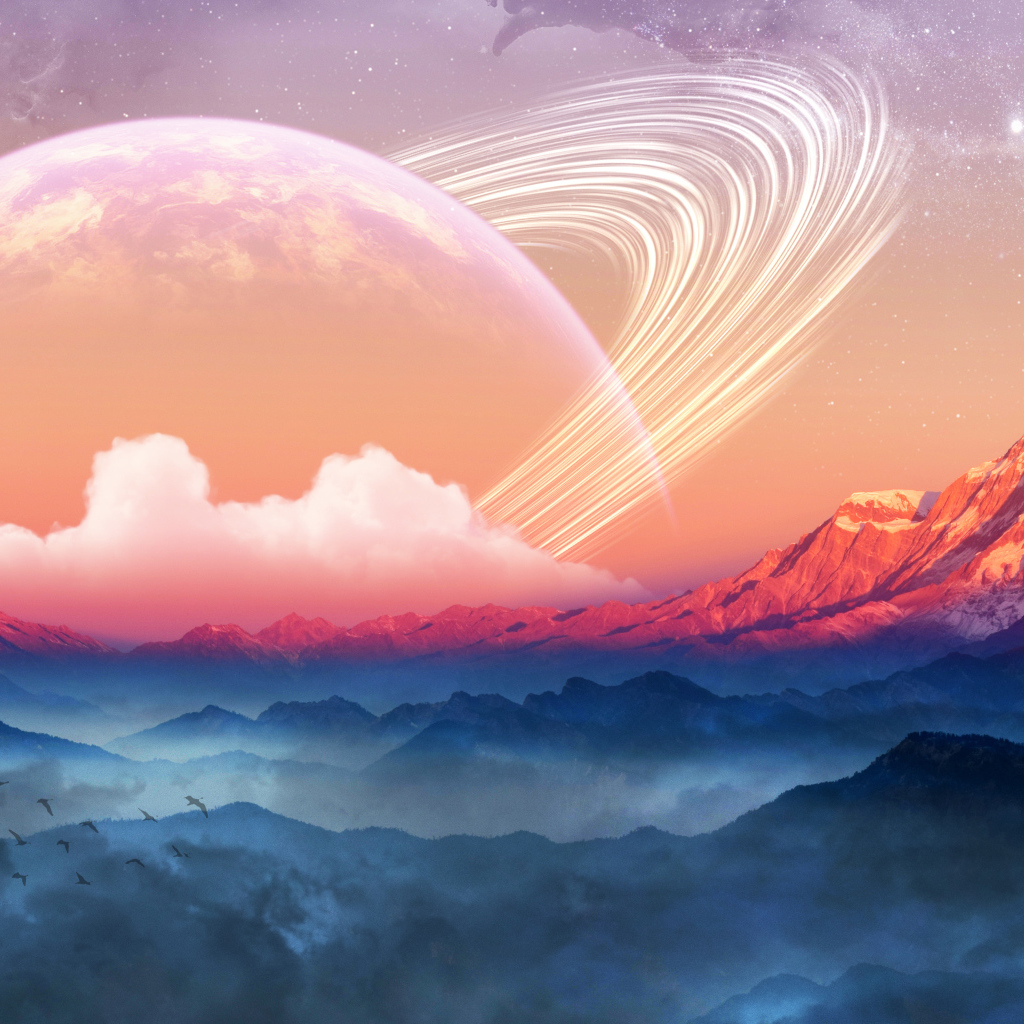 Фантастическое небо с планетами над заснеженными горами