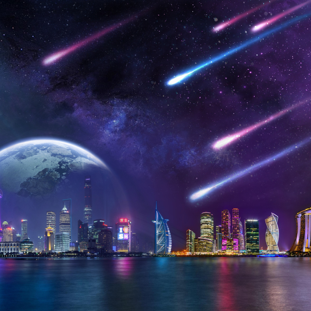 Метеориты в небе с планетами надают на мегаполис ночью