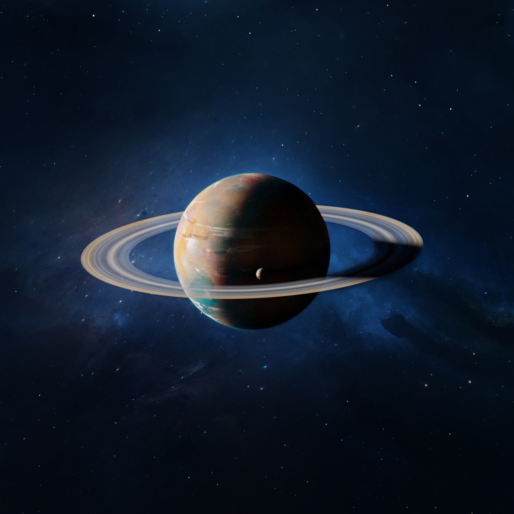 Большая планета Сатурн в голубом космосе 