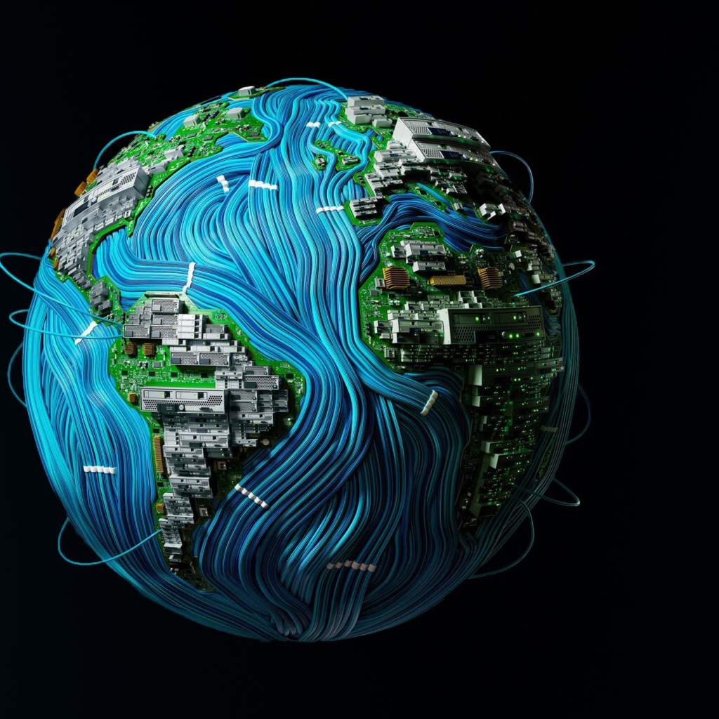 Планета земля окутана проводами на черном фоне