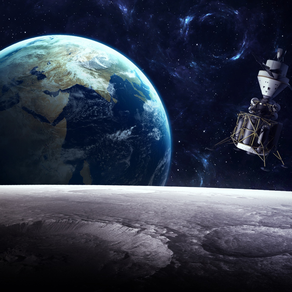 Вид с луны на спутник и планету Земля в космосе 