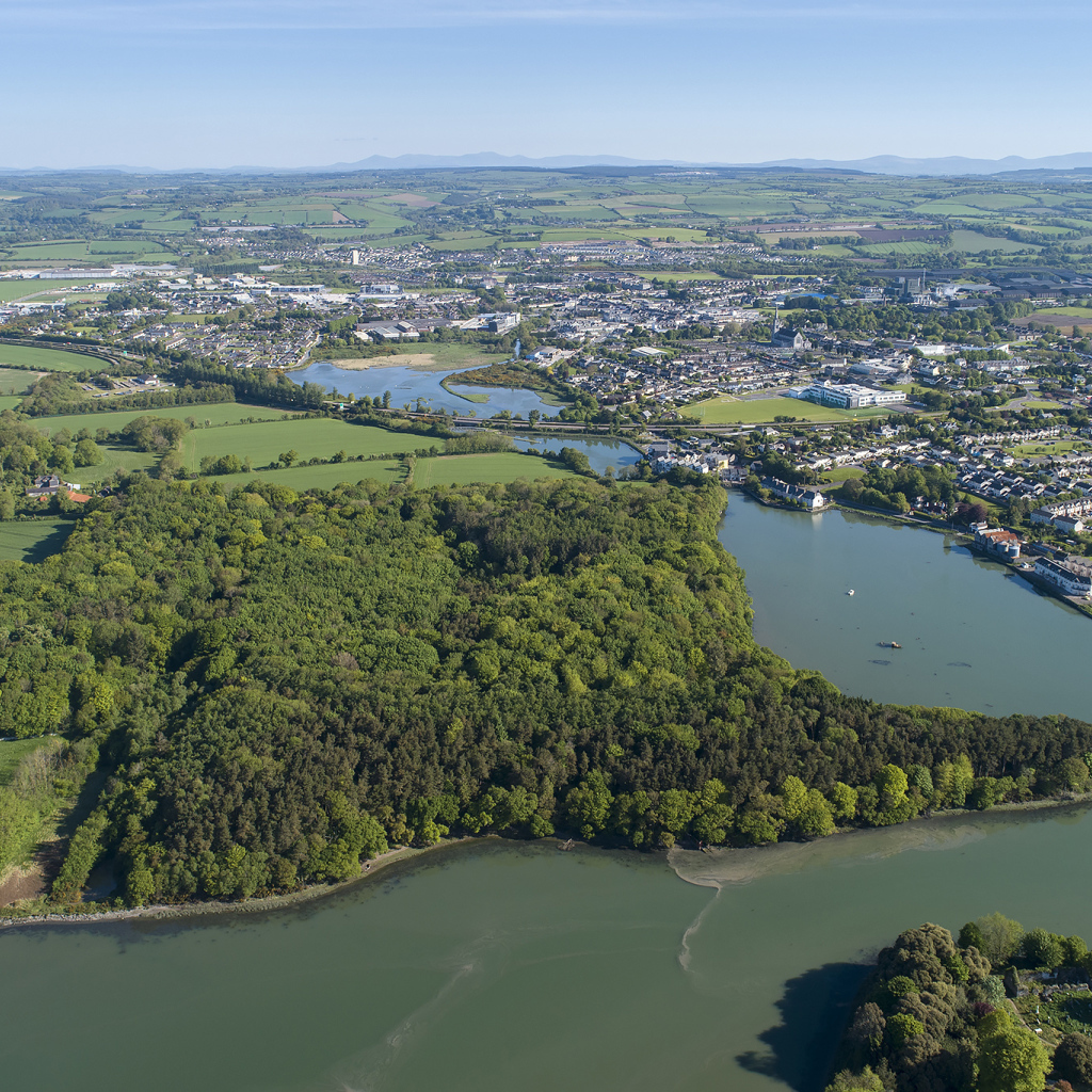 Вид на город и реку у леса с высоты, Исландия