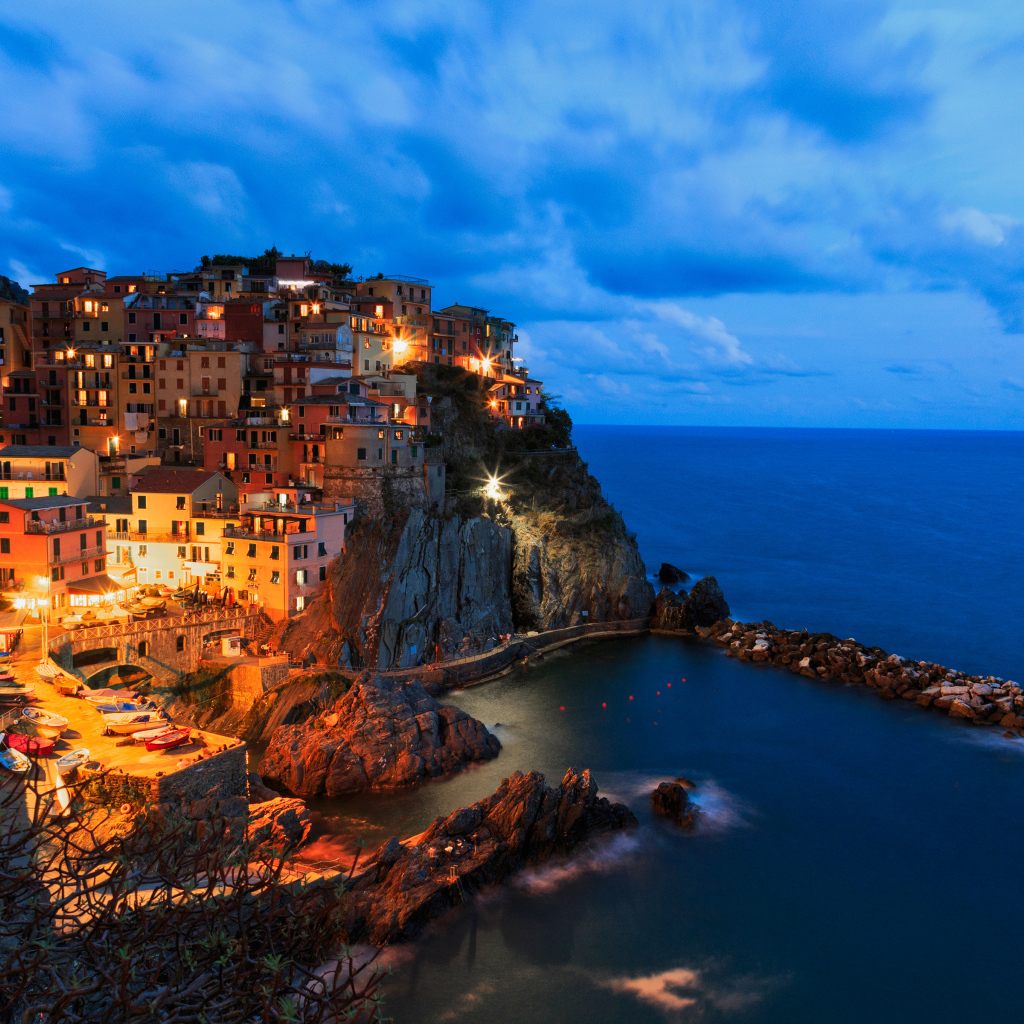 Красивый ночной город Манарола на краю утеса,  Италия