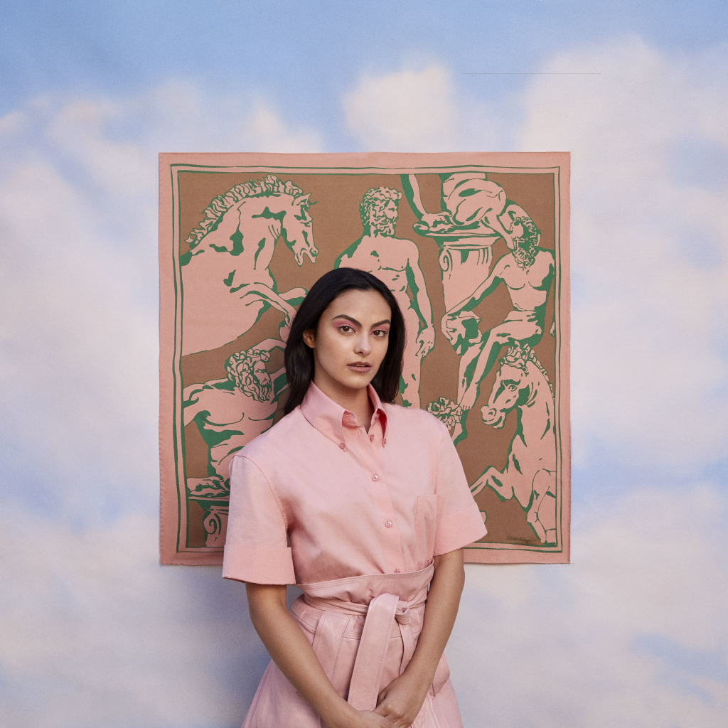 Актриса Камила Мендес в розовом платье на фоне картины 