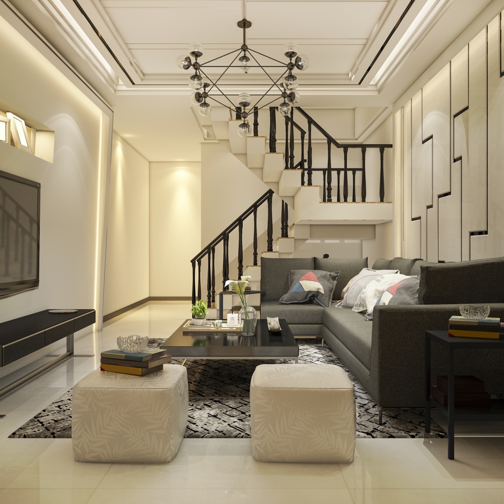 Красивая гостиная комната с большим телевизором и лестницей 