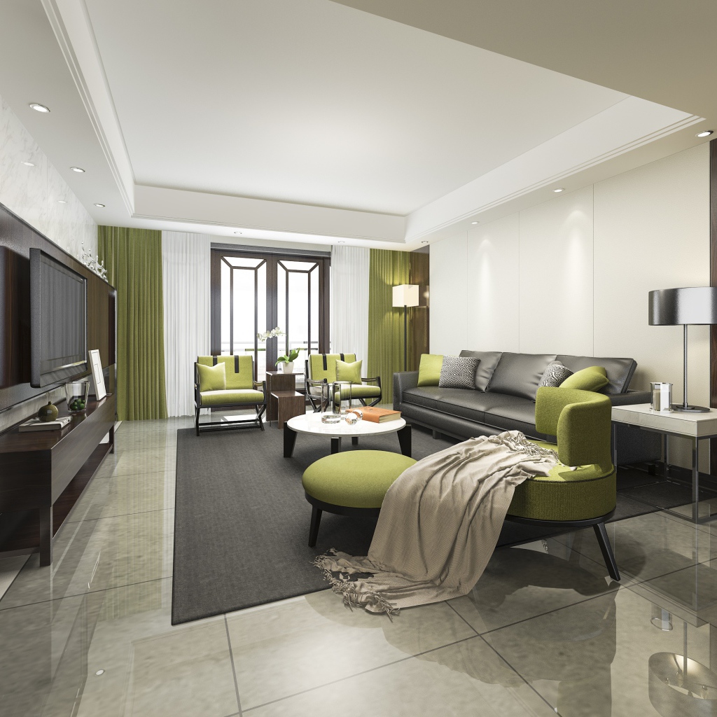 Черный кожаный диван в гостиной комнате 